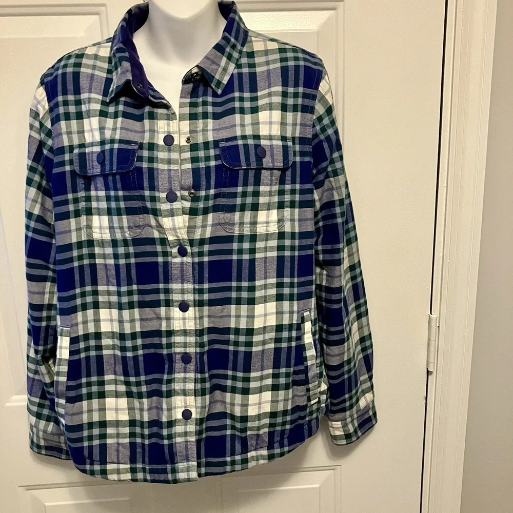 LL Bean Size Small Blue Fleece Lined Plaid Flannel Shirt Jacket Shacket Women's